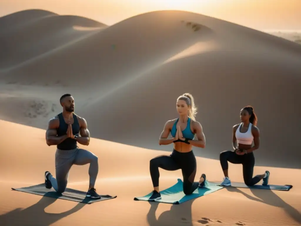 Un grupo diverso realiza yoga, corre y entrena en duna Valizas al atardecer