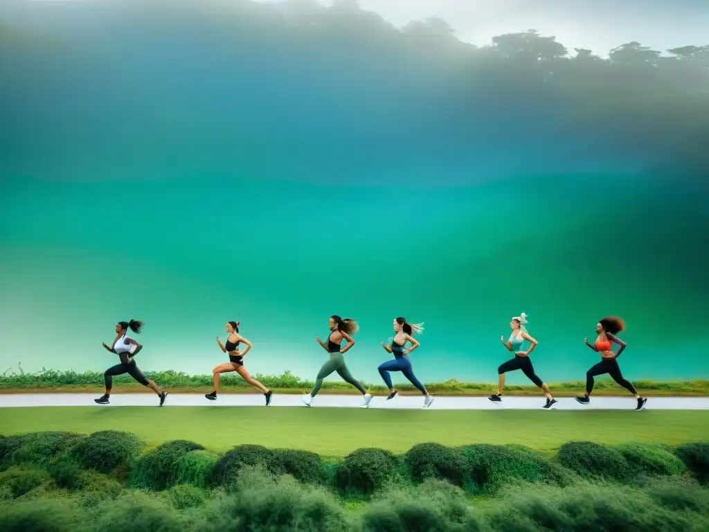 Un grupo diverso realizando ejercicio al aire libre en un hermoso parque verde de Uruguay con wearables fitness sostenibles