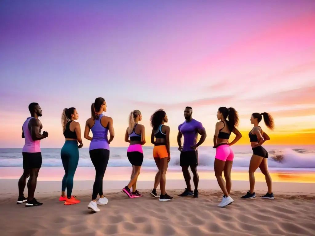 Un grupo diverso haciendo ejercicio intenso en la playa de Punta del Este, Uruguay, al atardecer