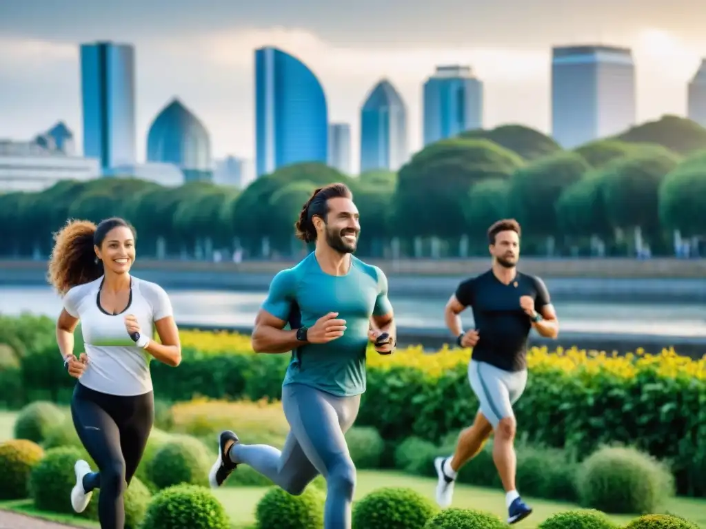 Un grupo diverso en Uruguay usando wearables para hacer ejercicio en un parque urbano