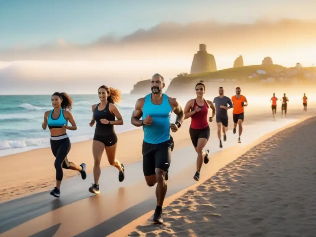 Grupo diverso haciendo ejercicios para prevenir enfermedades cardíacas en la playa de Uruguay al amanecer