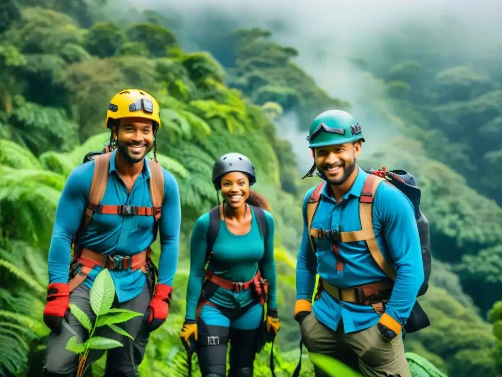 Un grupo diverso se prepara para vivir una emocionante aventura en el dosel de Canopy Atlántida, disfrutando de la naturaleza y el bienestar integral