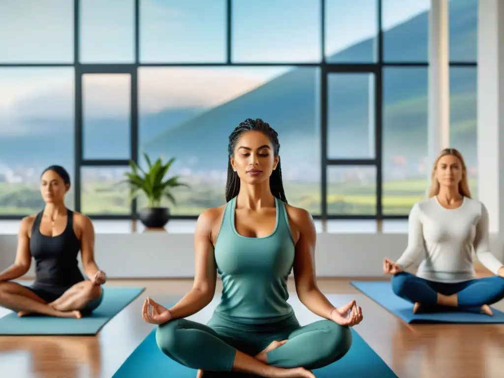 Grupo diverso de empleados en oficina moderna en Uruguay practicando yoga, con planes bienestar personalizados Uruguay