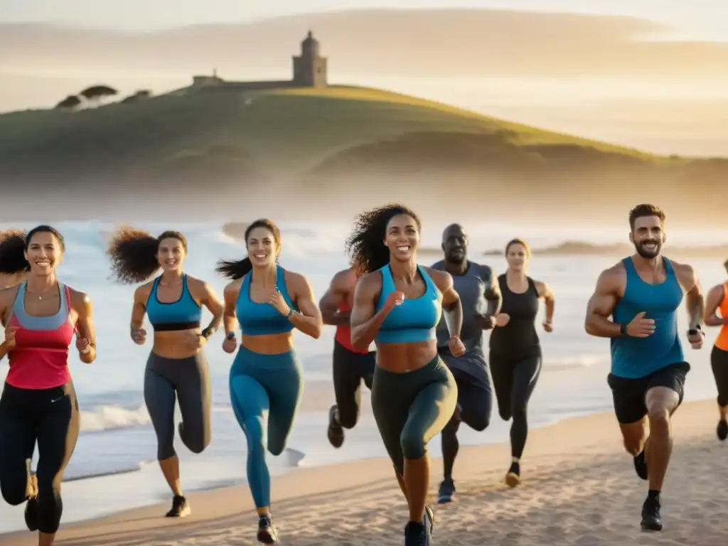 Grupo diverso en sesión de entrenamiento de alta intensidad en las playas de Uruguay al atardecer, mostrando determinación y camaradería