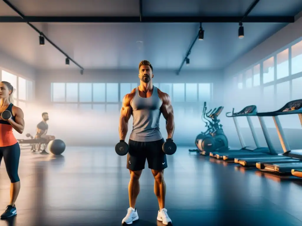 Grupo diverso en entrenamiento físico personalizado con coach en gimnasio moderno en Uruguay