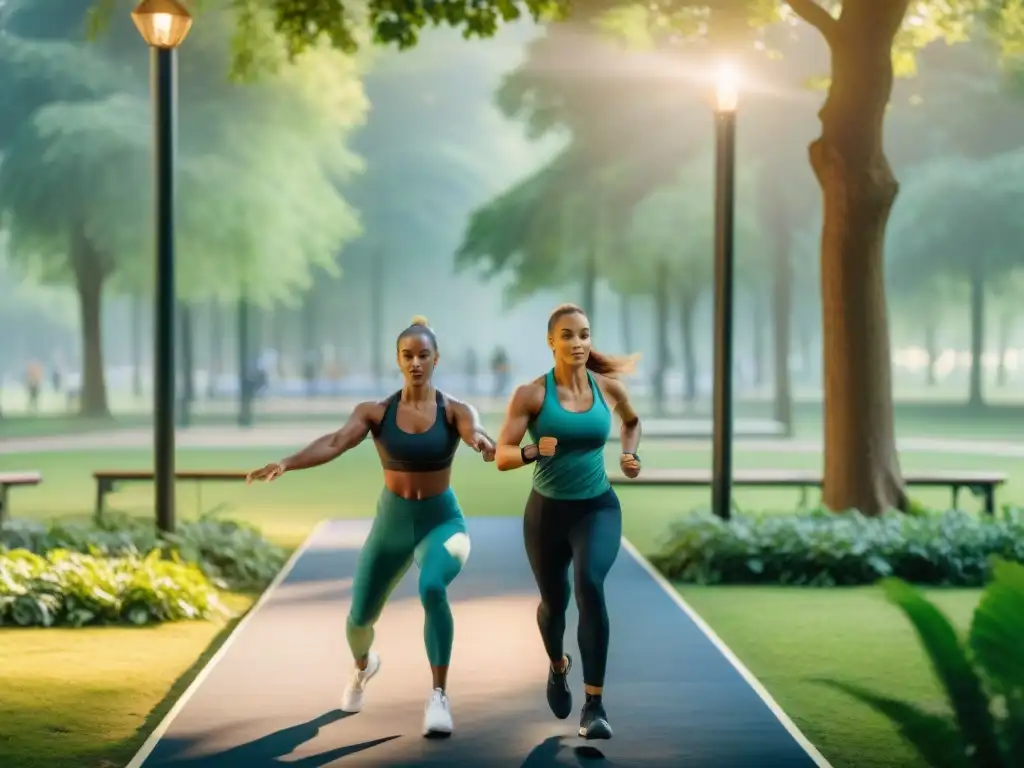 Un grupo diverso disfruta de entrenamiento funcional al aire libre en un parque, con energía vibrante y paisaje verde