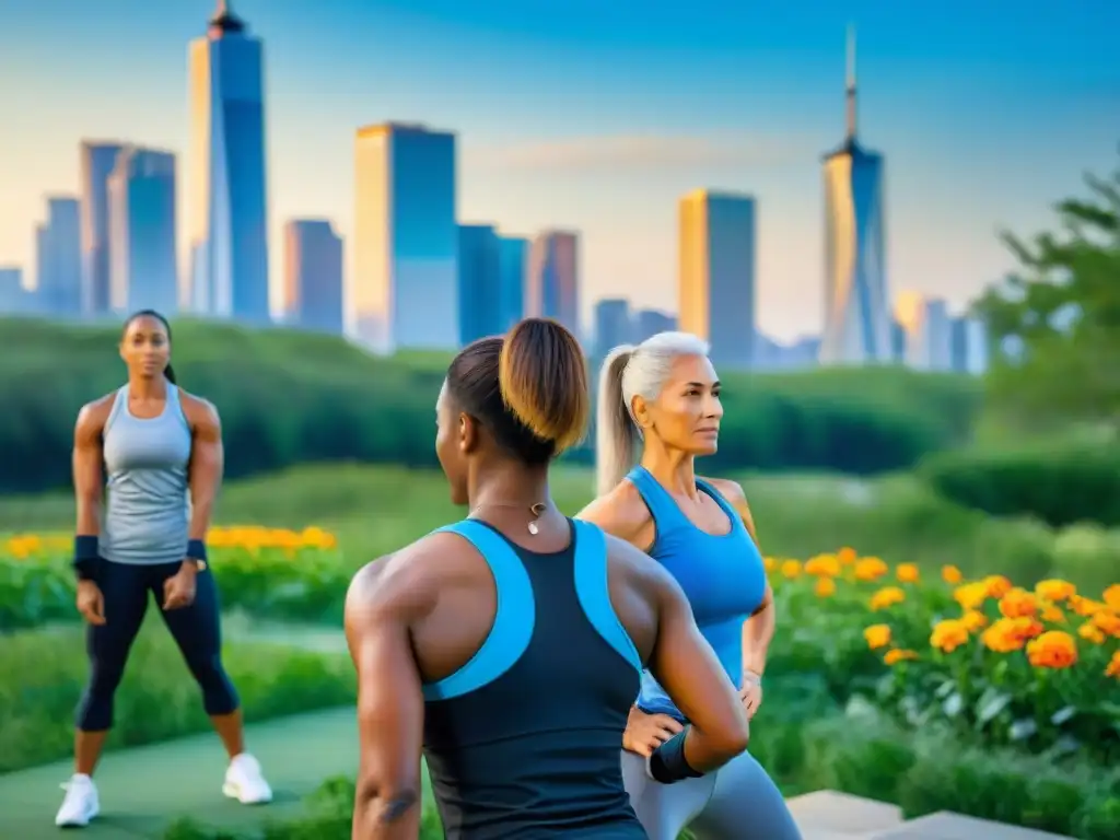 Un grupo diverso realiza entrenamiento funcional al aire libre en un parque de la ciudad