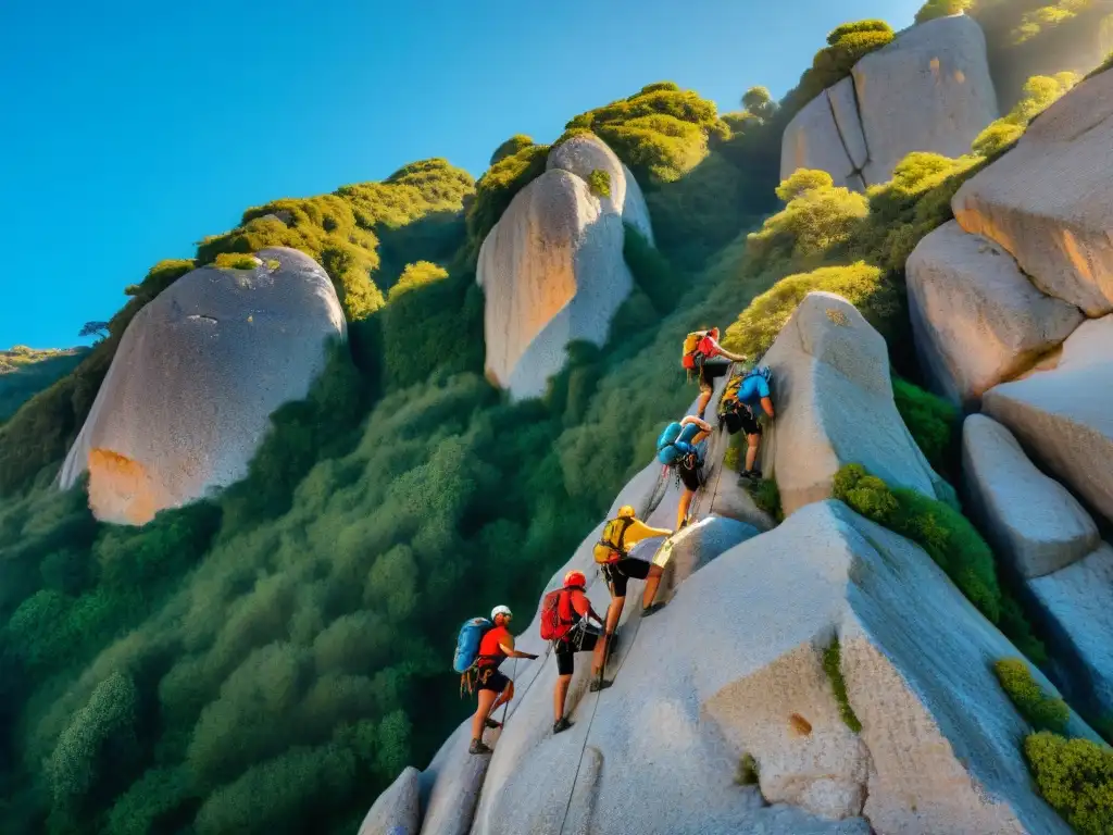 Un grupo diverso de escaladores alcanzando la cima de una formación rocosa desafiante en Parque Rodó, Uruguay, mostrando determinación y camaradería