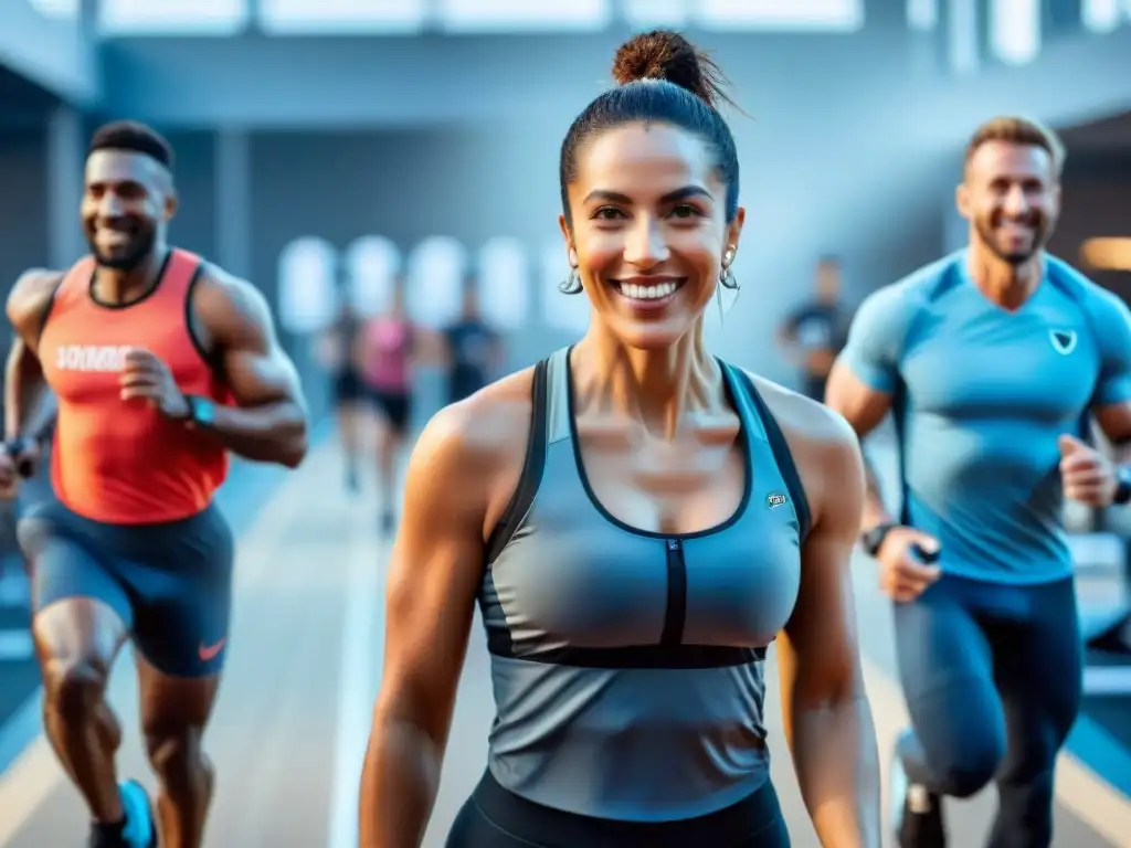 Un grupo diverso en Uruguay usando wearables fitness esenciales, practicando deporte en un gimnasio moderno con tecnología futurista