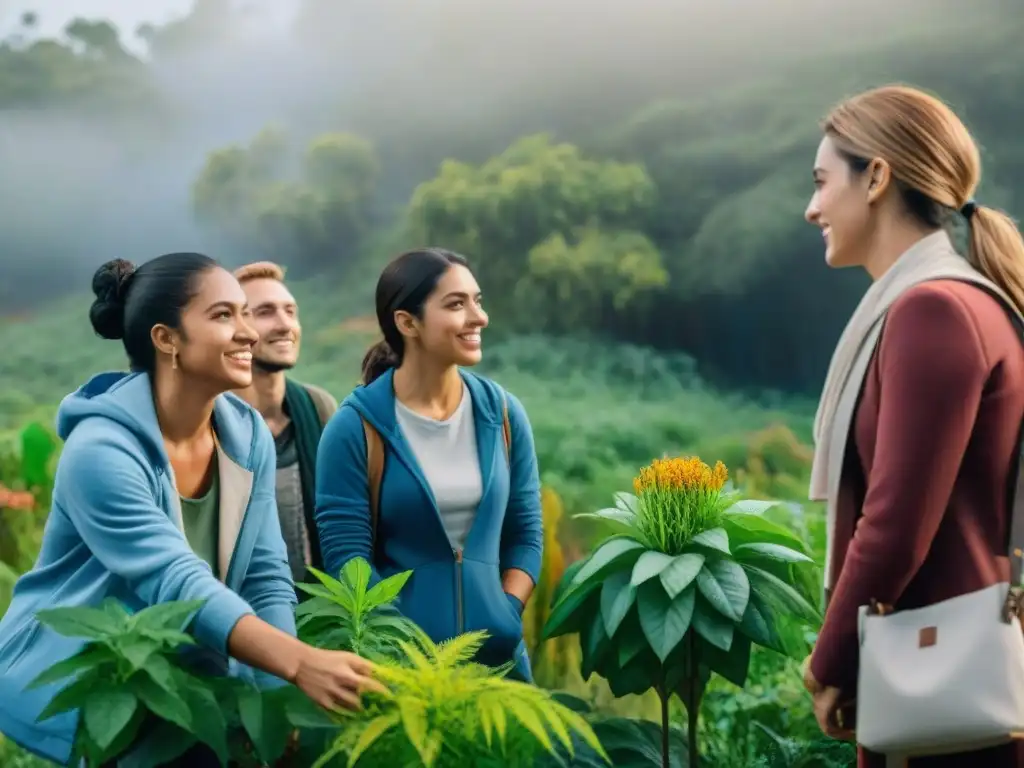 Grupo diverso de estudiantes en Uruguay disfrutando de una actividad de educación ambiental al aire libre, rodeados de exuberante vegetación nativa