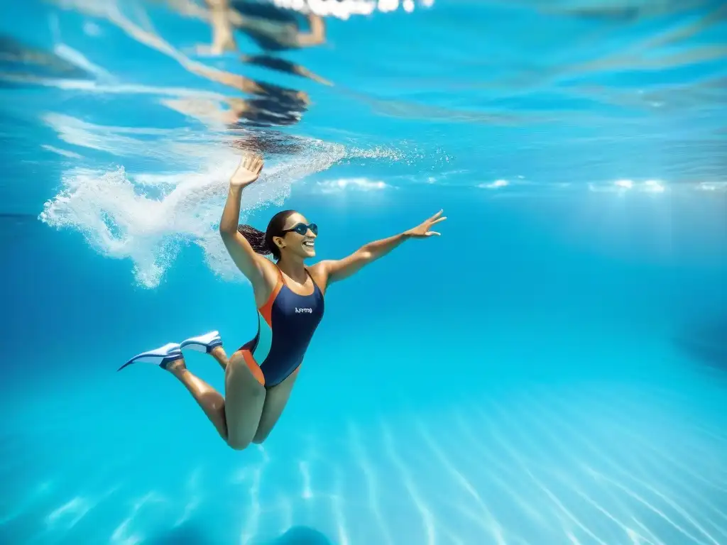 Grupo diverso de estudiantes disfrutando de los beneficios de la natación en una piscina turquesa en Uruguay