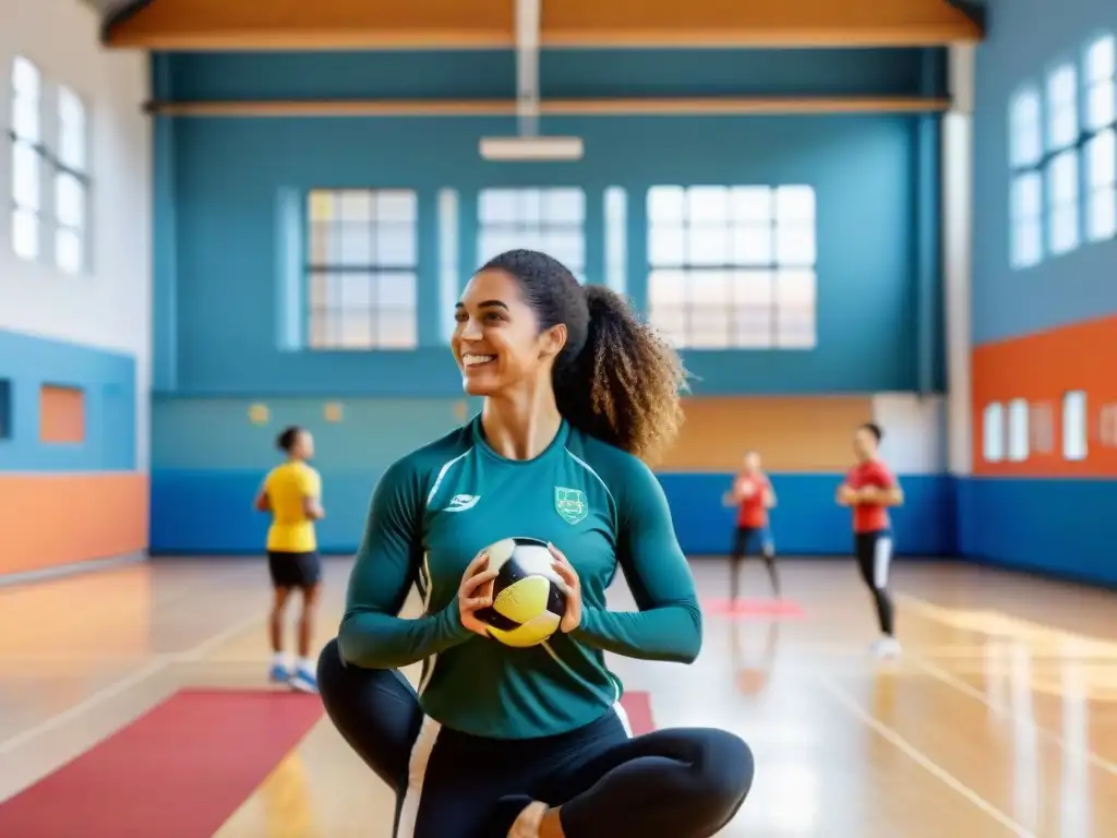 Grupo diverso de estudiantes disfrutando de educación física para bienestar integral en gimnasio moderno de Uruguay