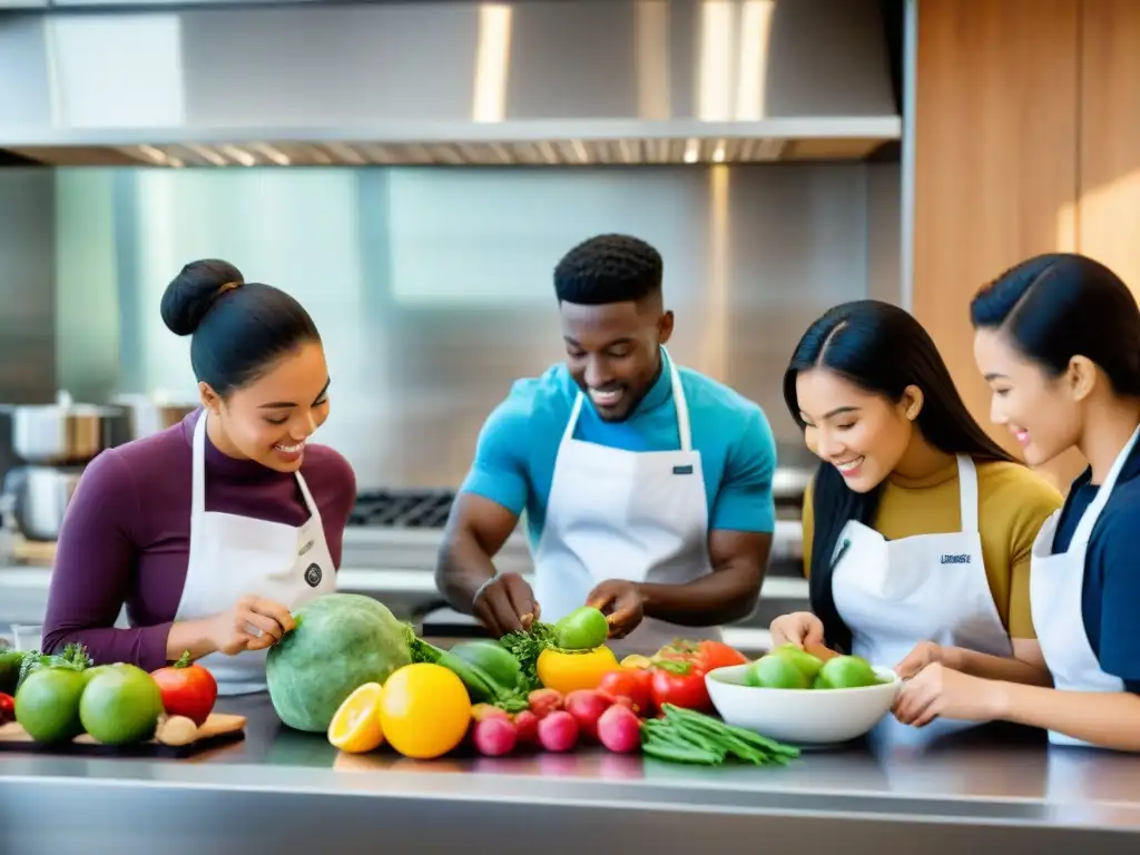 Grupo diverso de estudiantes participando en clase de cocina con experto en nutrición en Uruguay