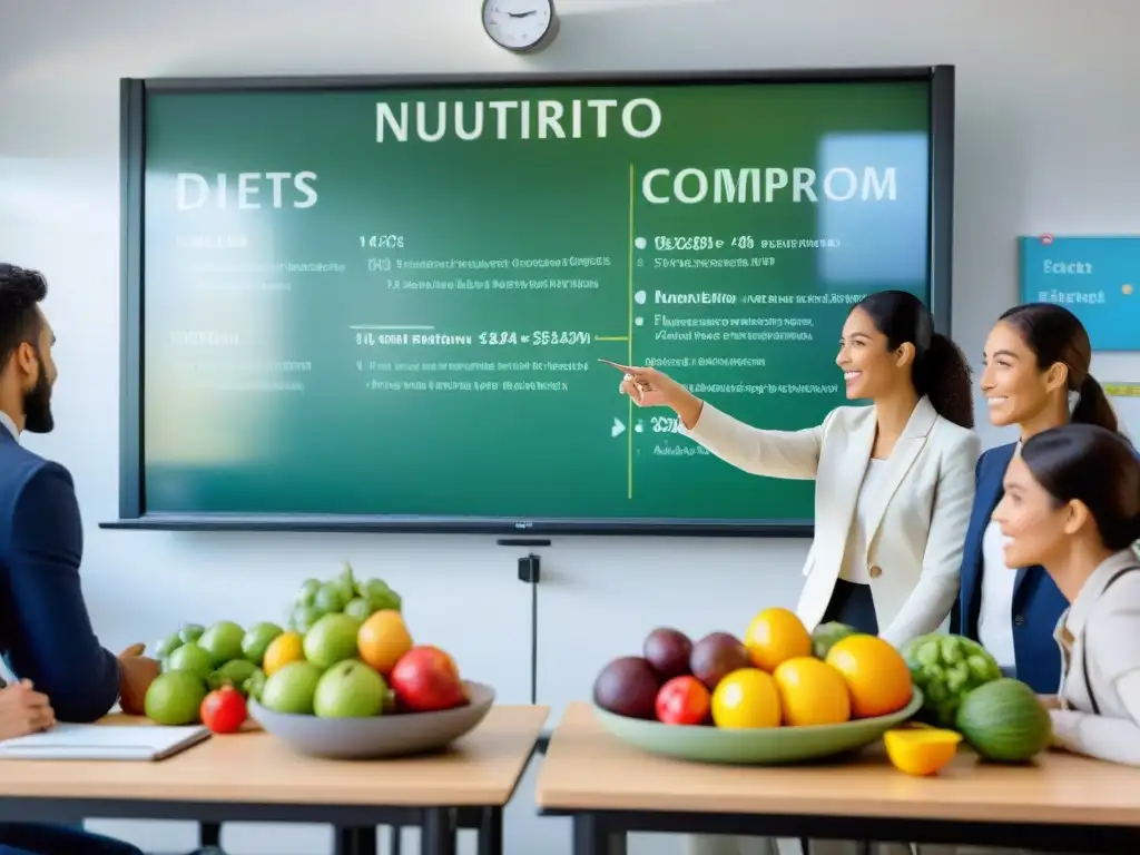 Grupo diverso de estudiantes en clase de nutrición en universidad de Uruguay