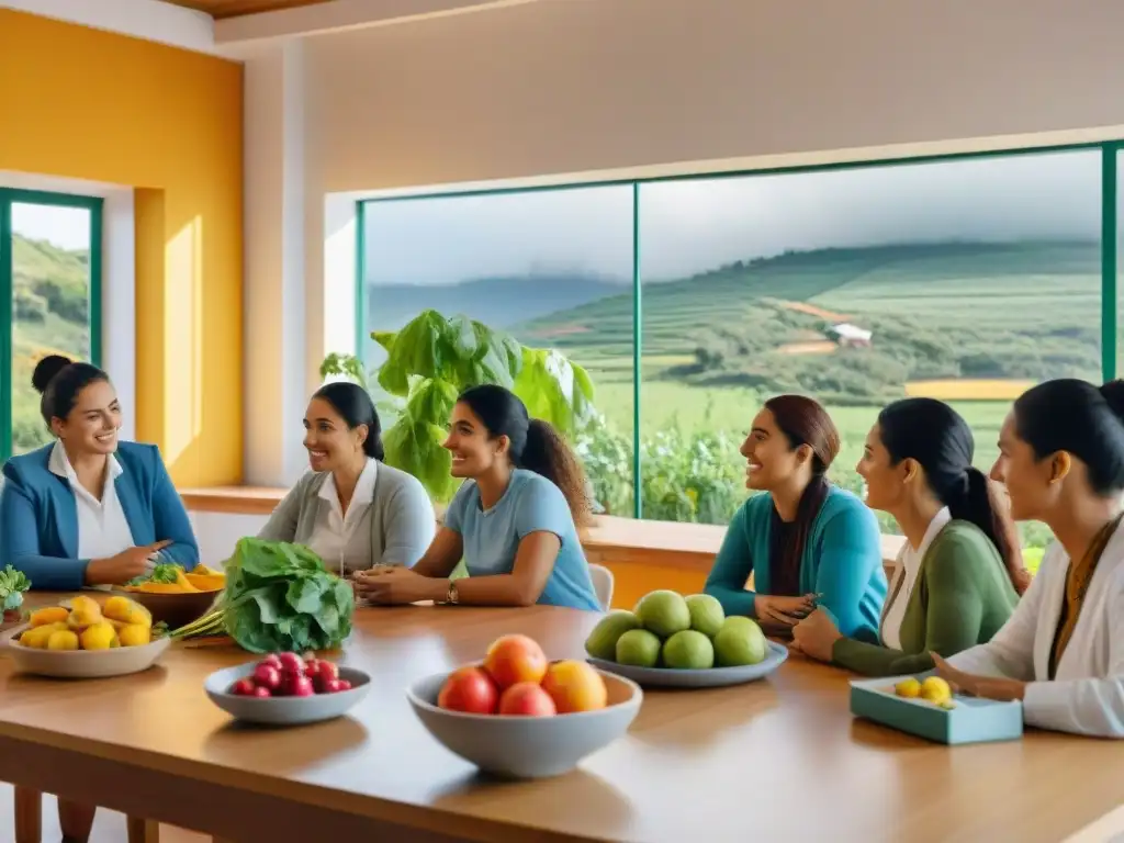 Grupo diverso de estudiantes en clase de nutrición en Uruguay, rodeados de frutas y verduras