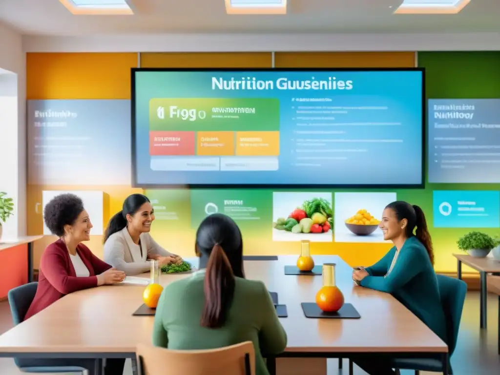 Un grupo diverso de estudiantes participa animadamente en una clase de nutrición en Uruguay