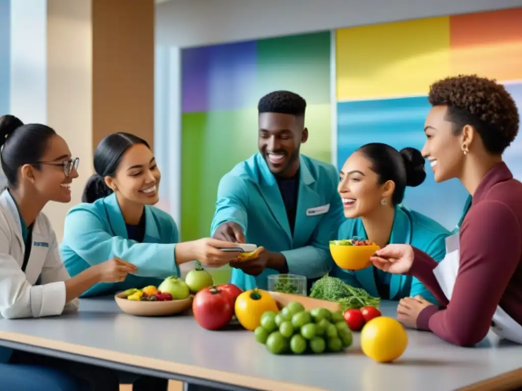 Grupo diverso de estudiantes de nutrición aprendiendo juntos en un aula moderna y colorida