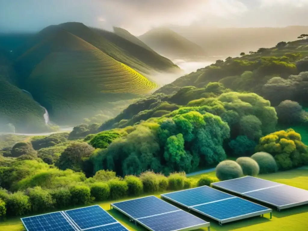 Un grupo diverso de estudiantes practica educación física sostenible en Uruguay entre vegetación exuberante y paneles solares