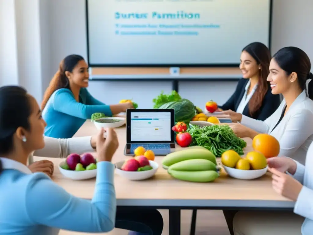 Grupo diverso de estudiantes participando en un taller de nutrición interactivo con tecnología moderna y alimentos coloridos en Uruguay