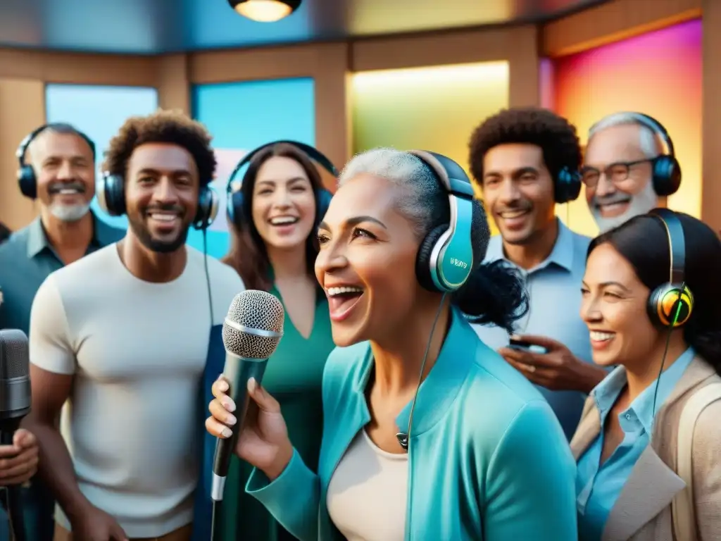 Grupo diverso en estudio de radio comunitaria para bienestar integral en Uruguay