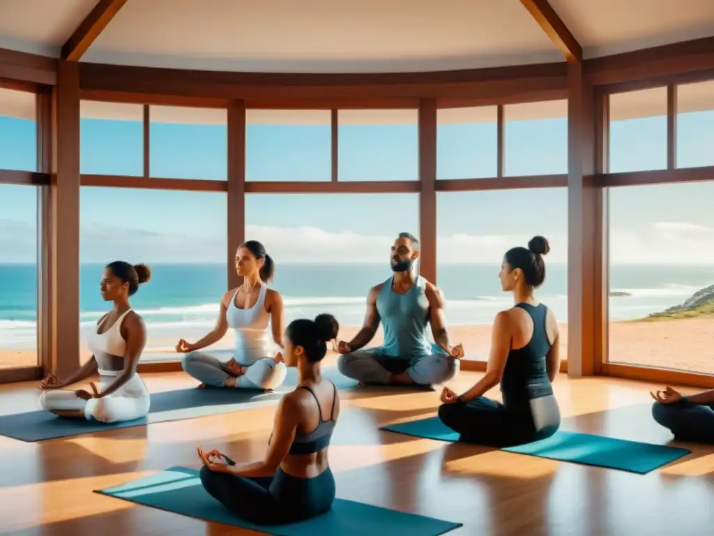 Un grupo diverso practica yoga en un estudio sereno con vista al mar en Uruguay, transmitiendo bienestar integral