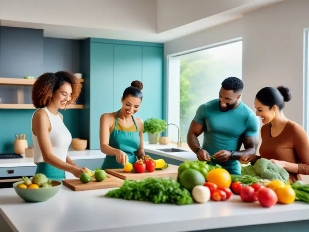 Un grupo diverso y feliz preparando y disfrutando de una comida saludable juntos en una cocina luminosa, Apps para planificar menús saludables