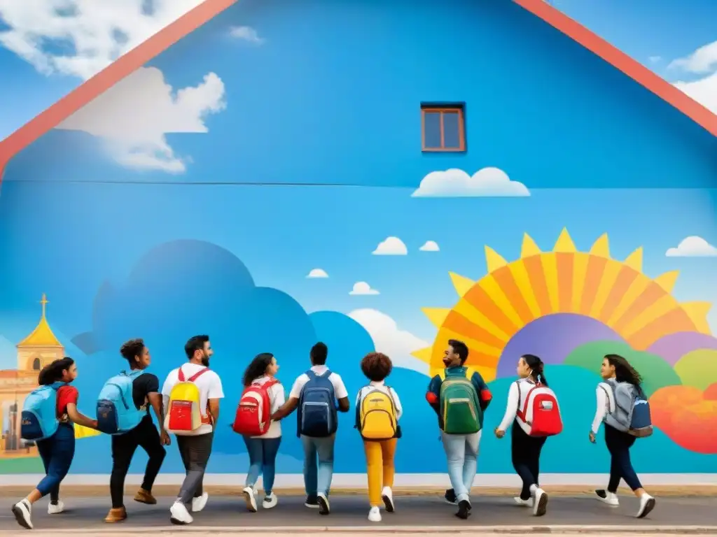 Un grupo diverso y feliz de niños escolares caminando hacia un edificio escolar inclusivo, con un mural vibrante