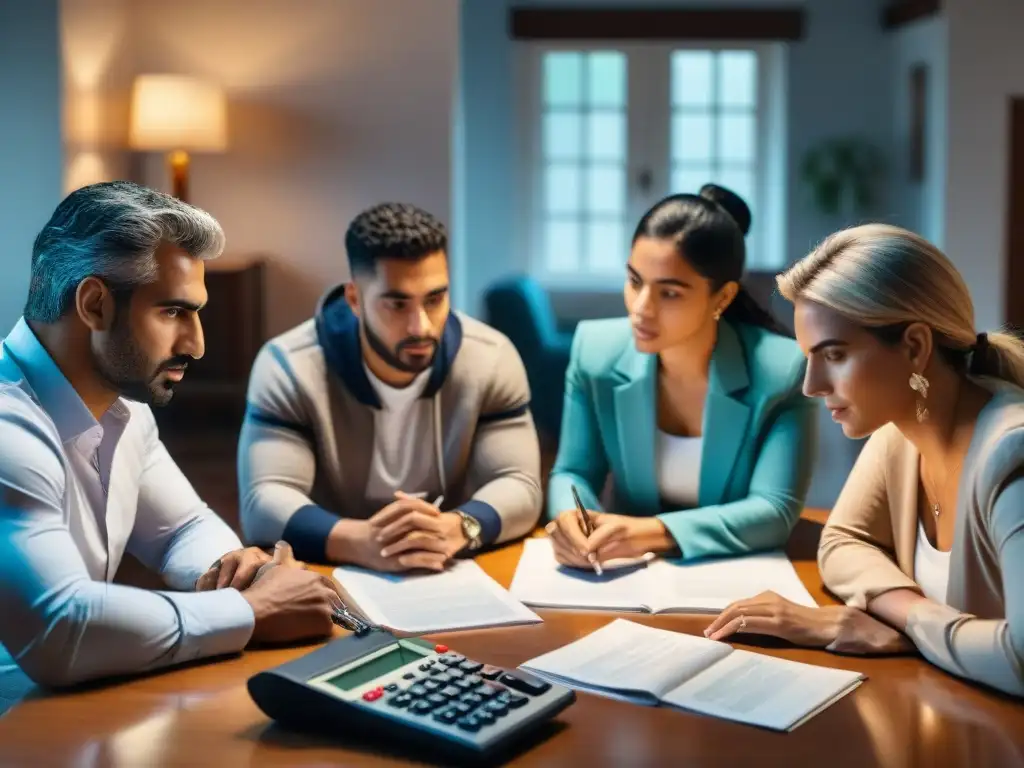 Grupo diverso en Uruguay discutiendo finanzas personales en crisis económica, mostrando colaboración y determinación