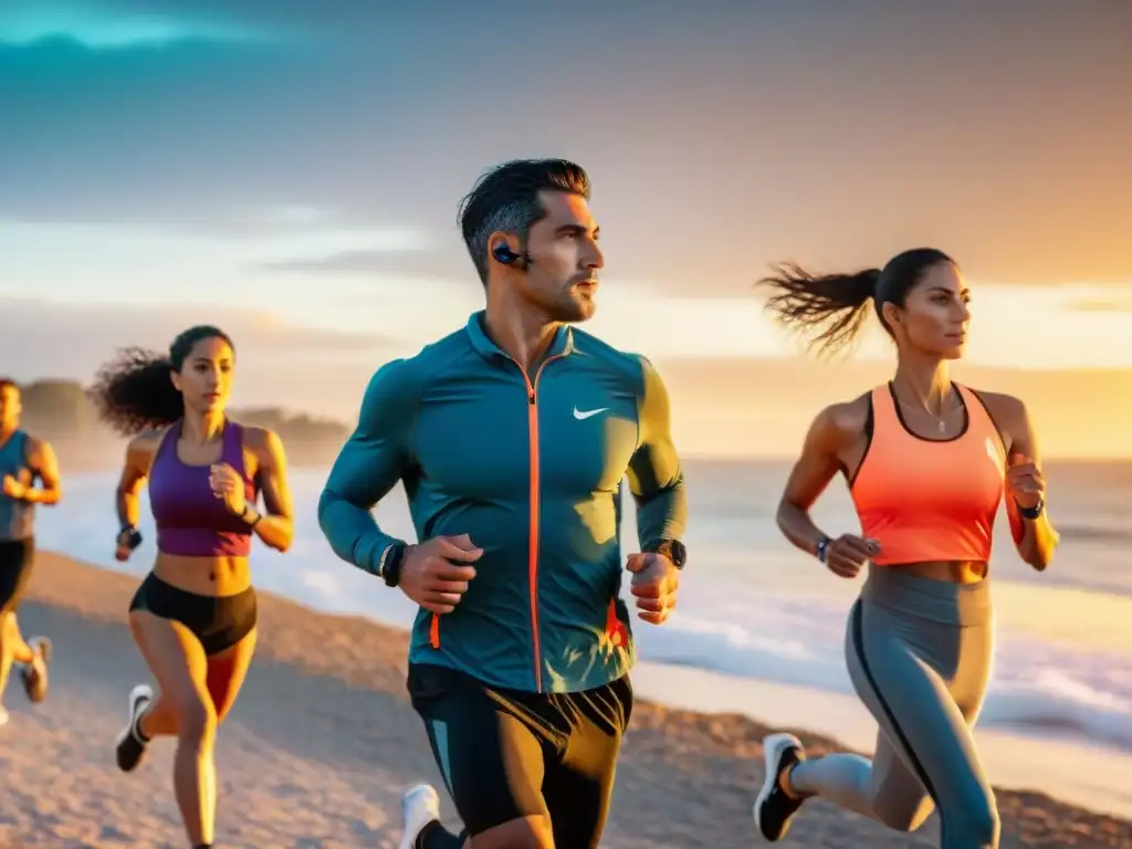 Grupo diverso en Uruguay usa wearables de fitness al amanecer junto al mar