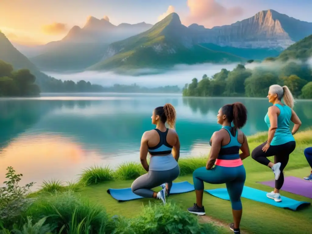 Un grupo diverso se ejercita al amanecer frente a un lago sereno, transmitiendo motivación para el ejercicio