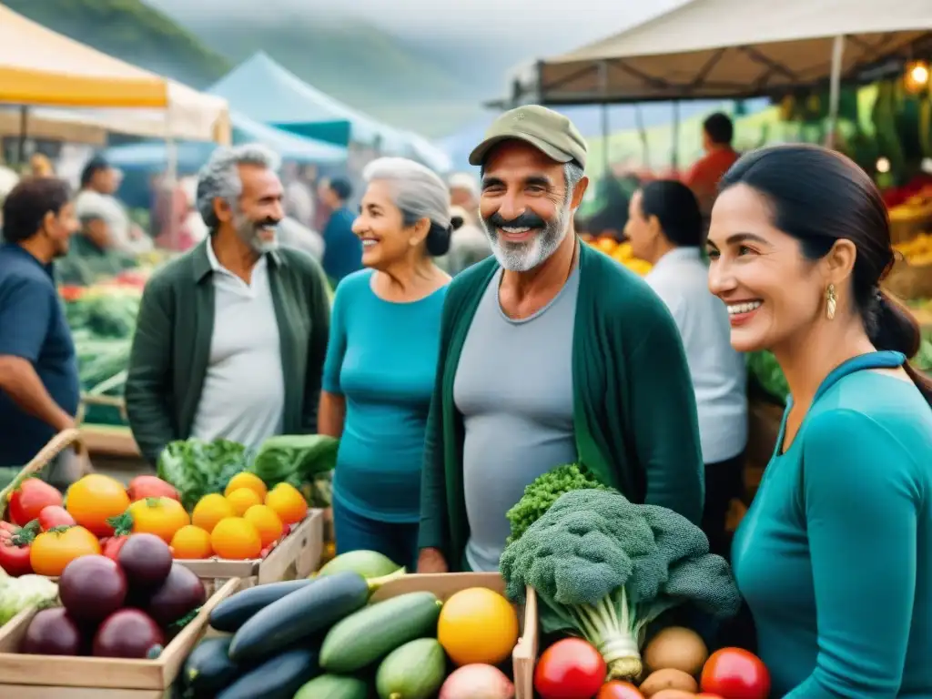 Grupo diverso disfruta de frutas y verduras en mercado de Uruguay, transmitiendo vitalidad y conexión a la naturaleza