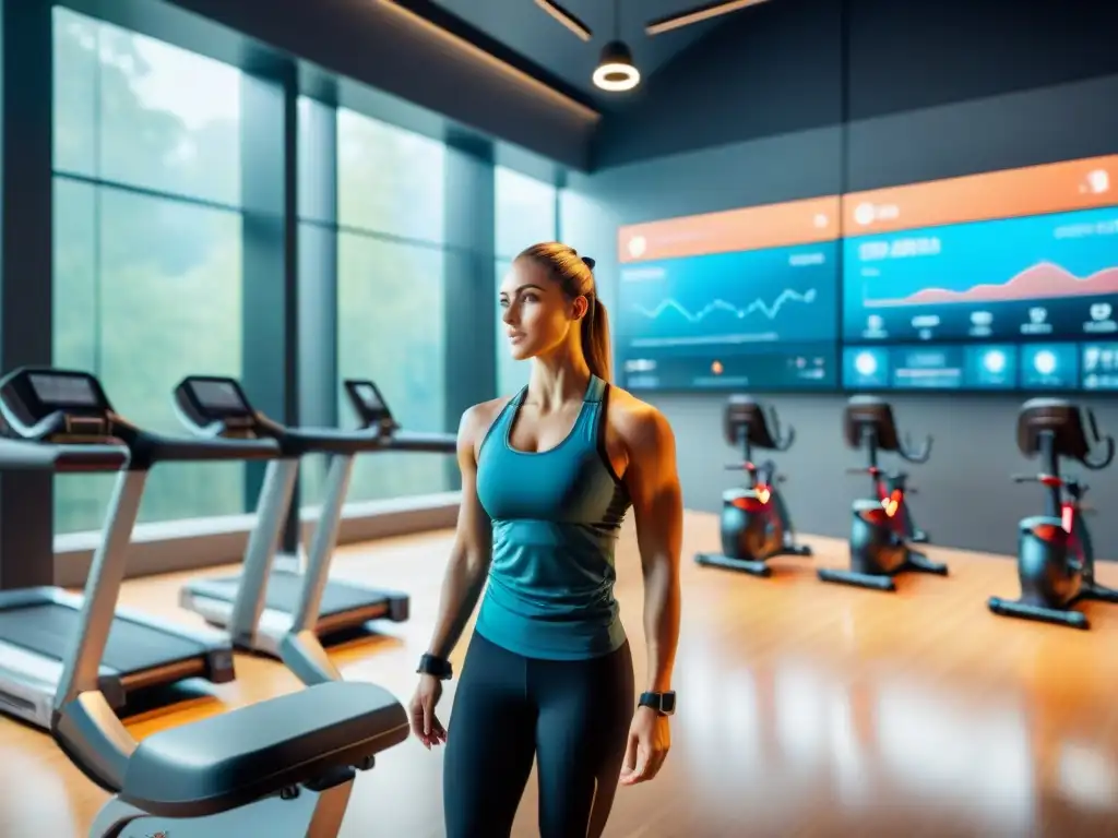 Un grupo diverso en un gimnasio futurista usando gadgets fitness en Uruguay