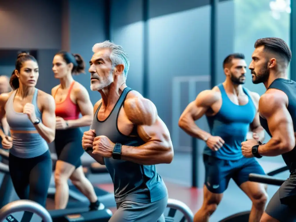 Grupo diverso en un gimnasio moderno en Uruguay, concentrados y sudando durante un entrenamiento de alta intensidad