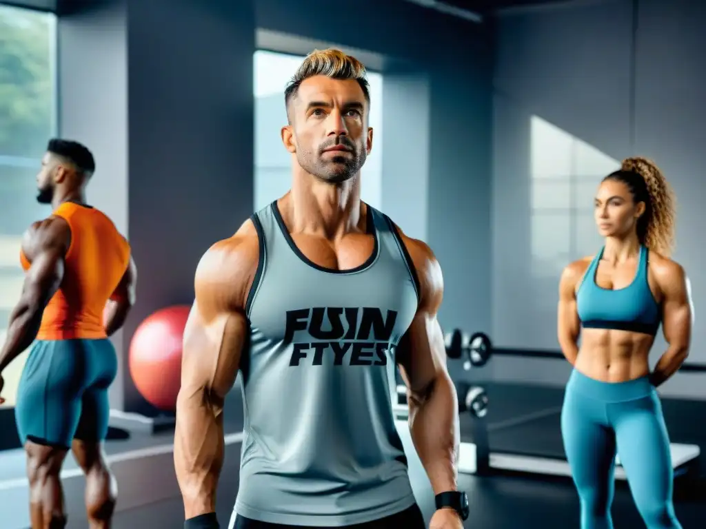 Un grupo diverso de hombres y mujeres con ropa de fitness moderna posando con confianza en un gimnasio de Uruguay, fusionando estilo y funcionalidad