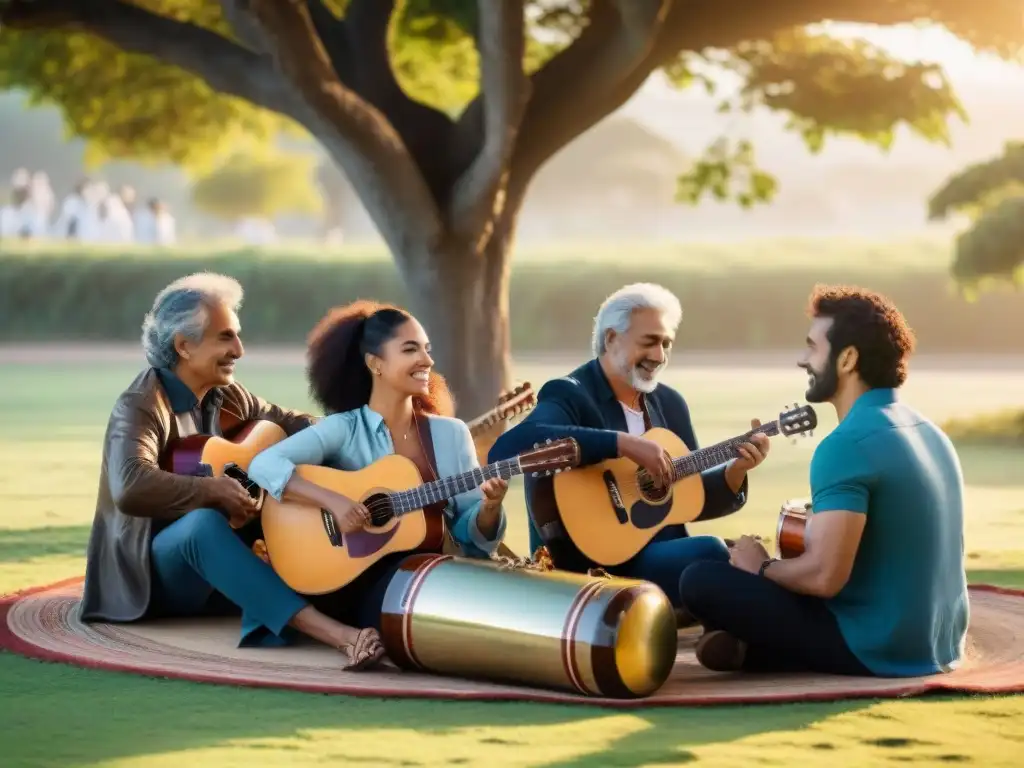 Grupo diverso tocando instrumentos bajo un árbol en parque de Uruguay, destacando beneficios música para bienestar en comunidad