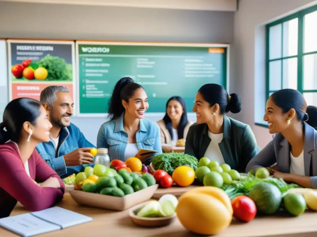 Un grupo diverso en Uruguay aprende sobre nutrición integral con entusiasmo en un aula luminosa