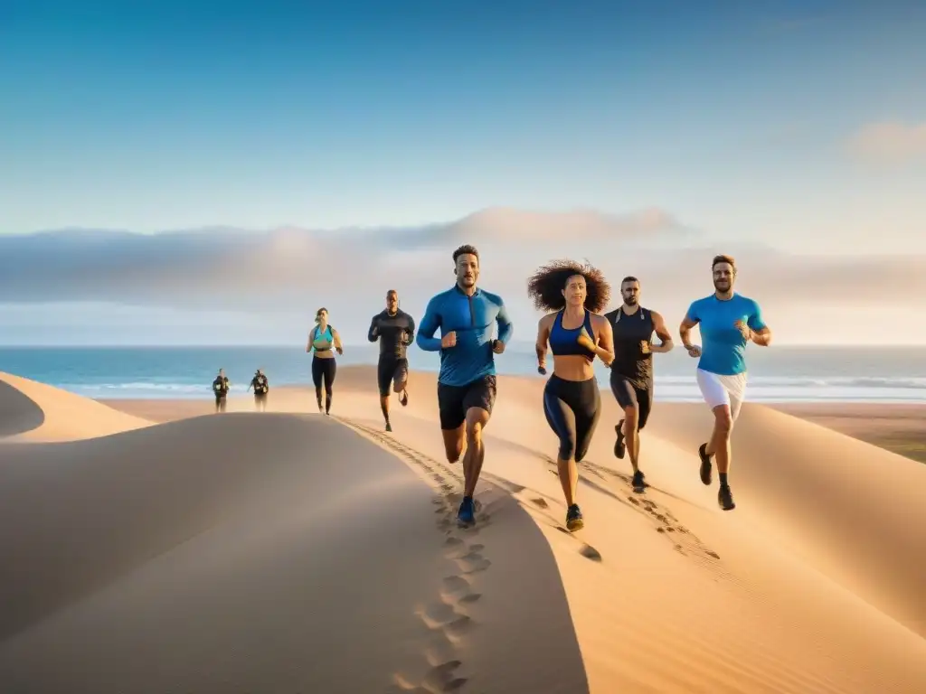 Un grupo diverso participa en un intenso entrenamiento fitness en las dunas de Valizas, Uruguay