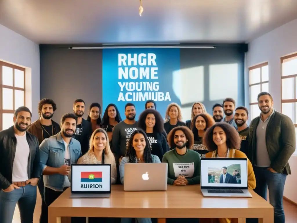 Un grupo diverso de jóvenes activistas en Uruguay se reúne en una sala tecnológica, promoviendo el activismo digital en Uruguay