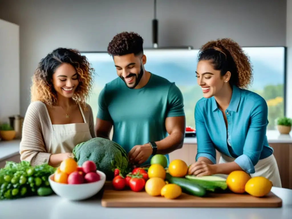 Un grupo diverso de jóvenes disfruta preparando una comida colorida y nutritiva juntos en una cocina moderna