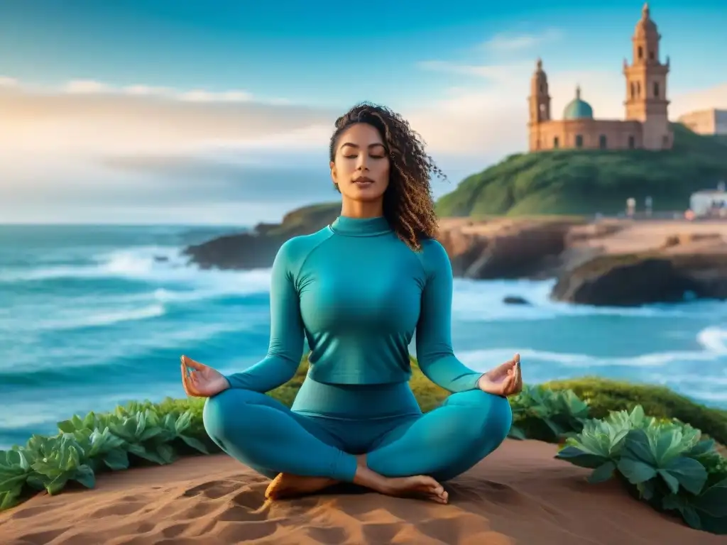 Un grupo diverso de jóvenes uruguayos practicando yoga, meditación y cuidado personal en paisajes icónicos de Uruguay, transmitiendo calma y bienestar