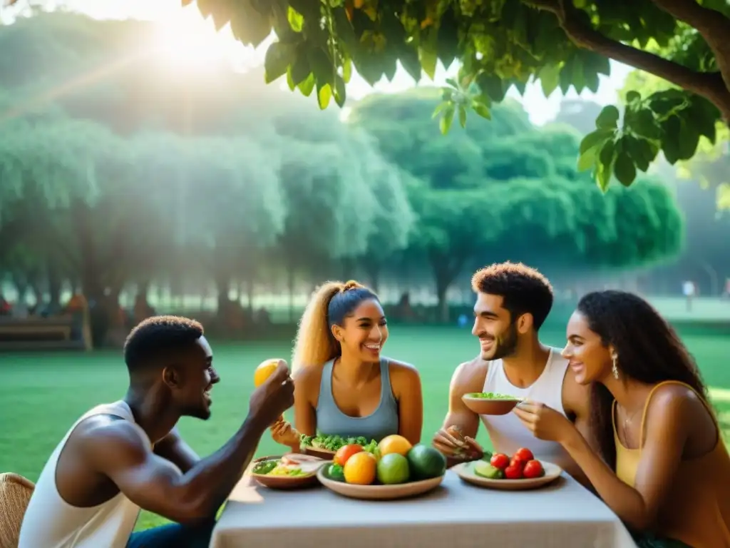 Un grupo diverso de jóvenes uruguayos disfruta de una comida saludable al aire libre en un parque verde, transmitiendo comunidad y bienestar