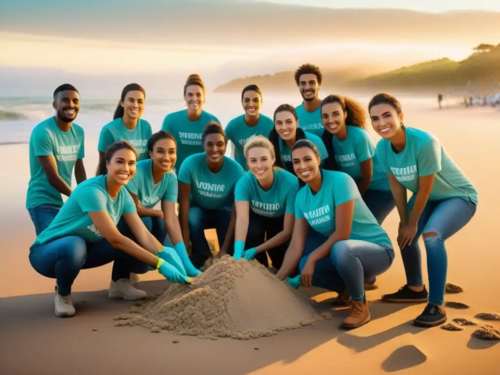 Un grupo diverso de jóvenes voluntarios en Uruguay limpia la playa al atardecer, mostrando espíritu comunitario y trabajo en equipo