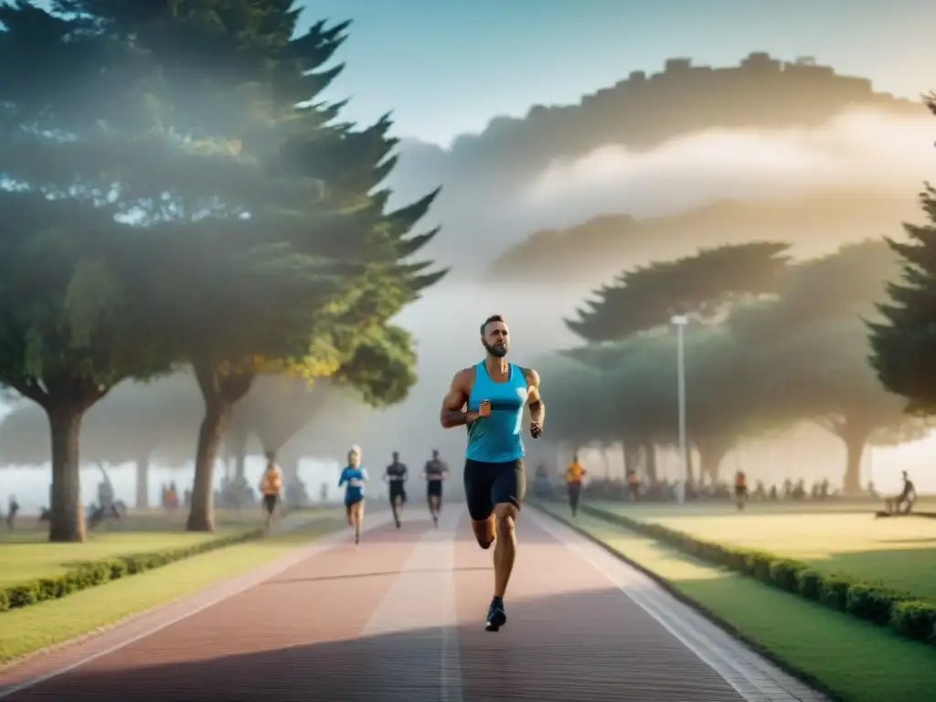 Grupo diverso disfruta juntos de actividades deportivas en un parque de Uruguay, reflejando bienestar y comunidad con la app Strava