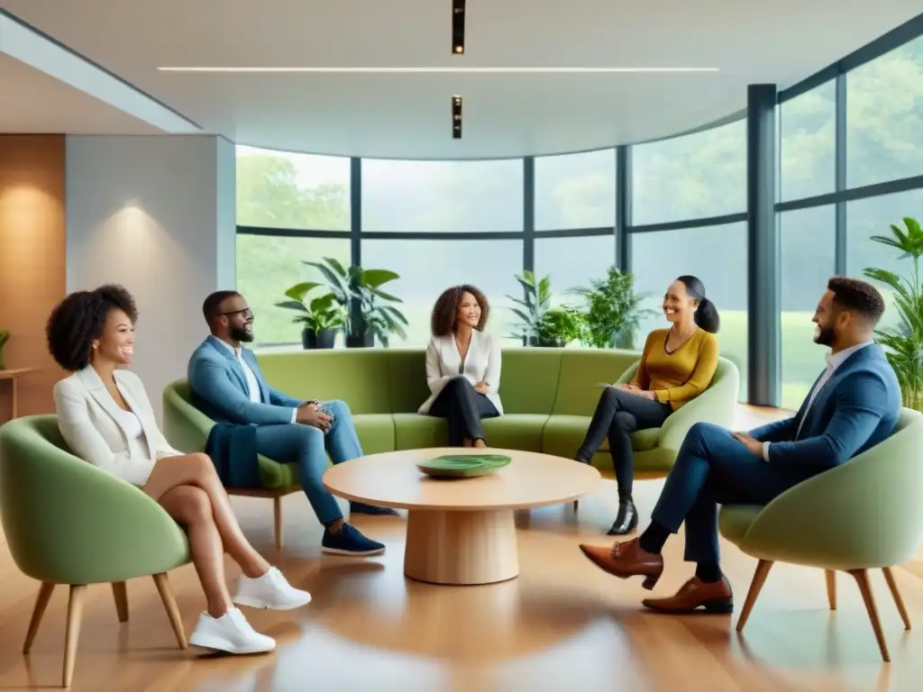 Grupo diverso conversa con lenguaje no verbal en sala moderna, fomentando conexiones fuertes