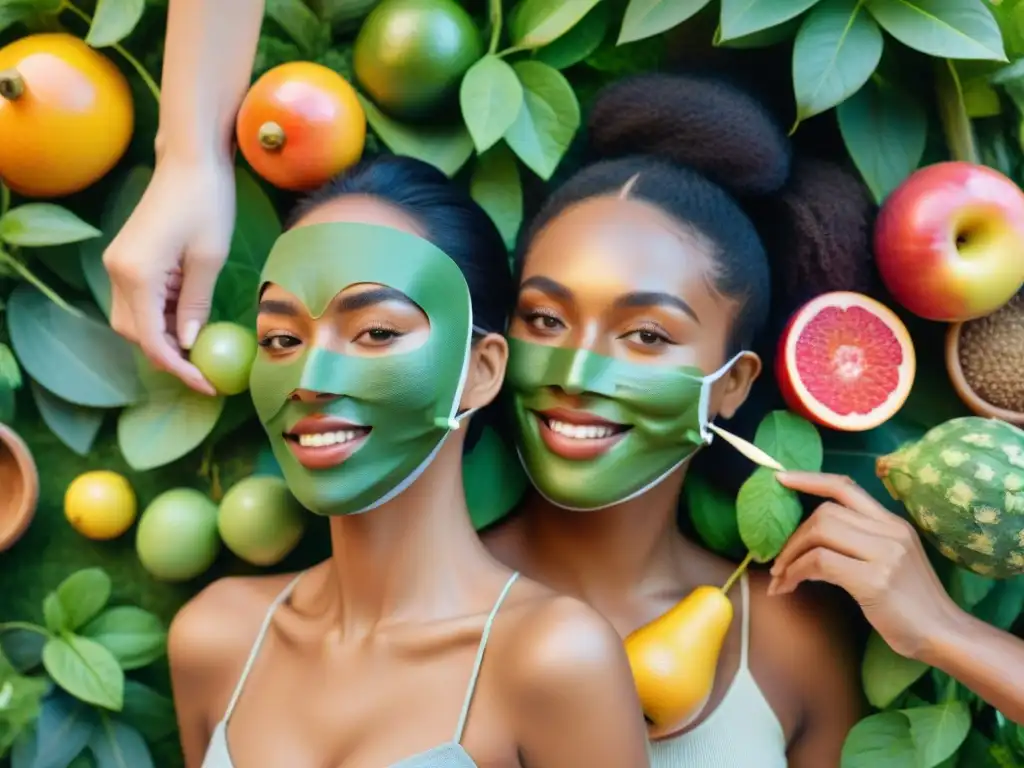 Un grupo diverso disfruta de mascarillas naturales para piel uruguaya en un jardín exuberante, creando una comunidad de bienestar y belleza