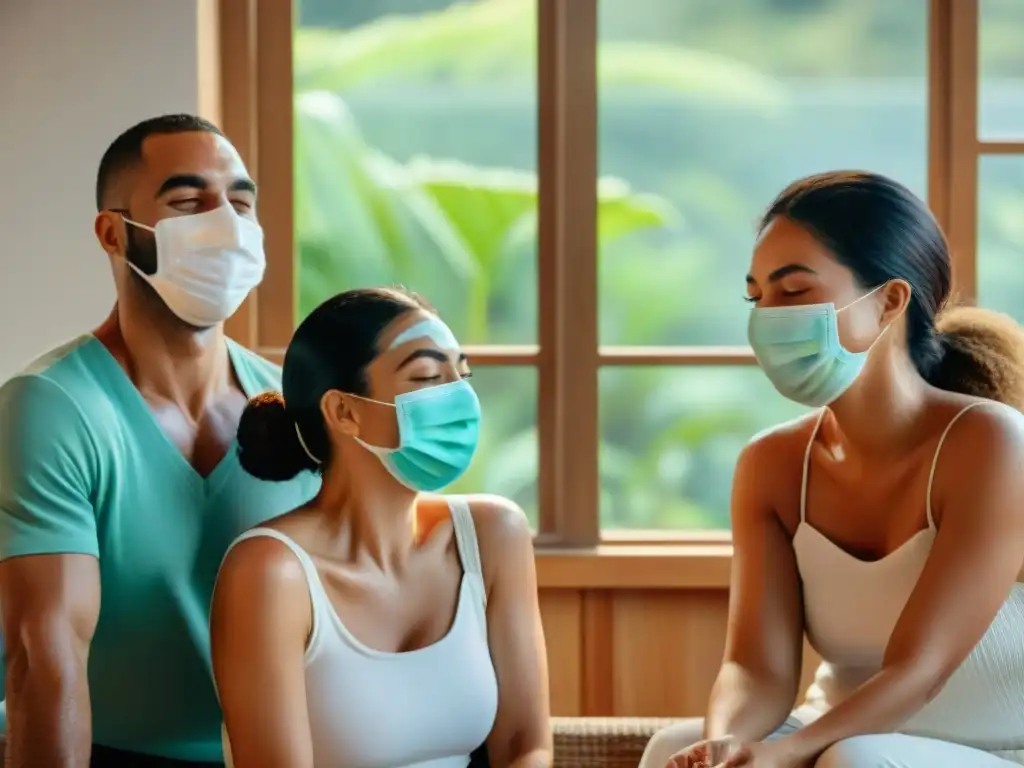 Un grupo diverso disfruta de mascarillas naturales para piel uruguaya en un ambiente de spa moderno y elegante, compartiendo risas y complicidad