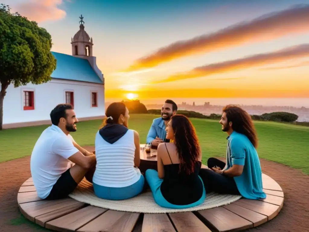 Grupo diverso comparte mate en círculo uruguayo, con Palacio Salvo al fondo en atardecer vibrante