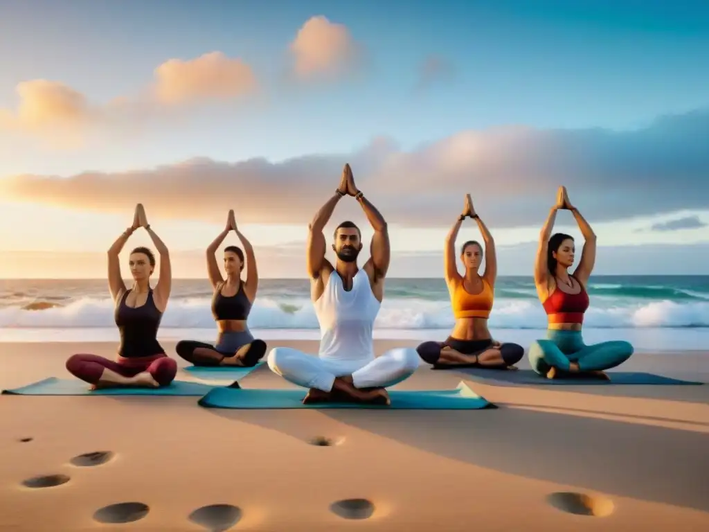 Grupo diverso practica yoga con mate al amanecer en la playa de Uruguay