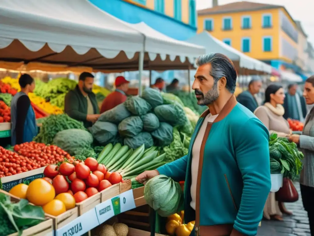 Grupo diverso comprando en mercado colorido de Uruguay, seleccionando frutas y verduras frescas