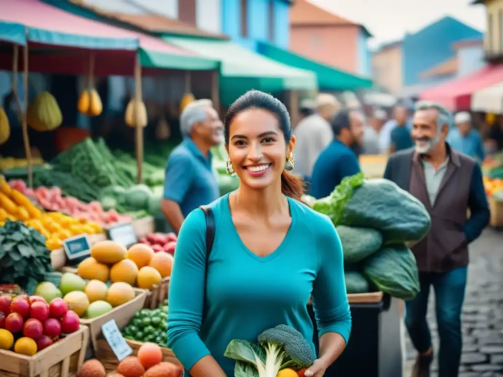 Grupo diverso en mercado uruguayo disfrutando frutas y verduras, reflejando nutrición para piel salud Uruguay